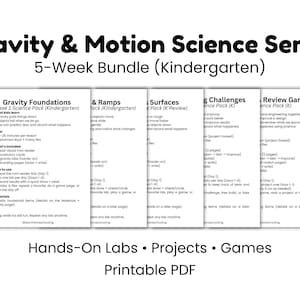 Paquete de Ciencias sobre Gravedad y Movimiento / Jardín de Infantes y 1.er Grado / Currículo STEM de 5 Semanas para Educación en Casa / PDF Imprimible