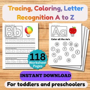 Cuaderno de trabajo del alfabeto para preescolar imprimible / 120 páginas de la A a la Z: trazado de letras, reconocimiento de sonidos iniciales / Educación en casa para preescolar imagen 1