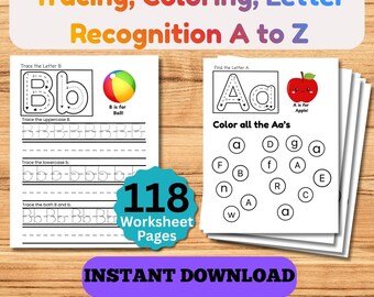 Preschool Alphabet Workbook Printable | 120 Pages A-Z Tracing Letter Recognition Beginning Sounds | Homeschool Pre-K