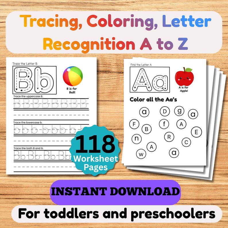 Cuaderno de trabajo del alfabeto para preescolar imprimible / 120 páginas de la A a la Z: trazado de letras, reconocimiento de sonidos iniciales / Educación en casa para preescolar imagen 1