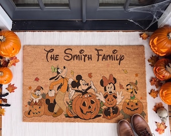 Paillasson d'Halloween personnalisé Disney Mickey et ses amis en fibre de coco, tapis de bienvenue Disney, décoration de porche fantôme d'Halloween, décoration d'automne, cadeaux de pendaison de crémaillère