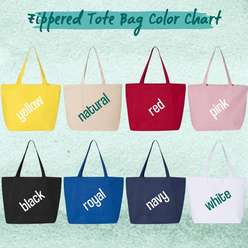 Pode incluir: Uma tabela de cores de sacolas tote com z&iacute;per exibindo oito sacolas nas cores amarelo, natural, vermelho, rosa, preto, azul royal, azul marinho e branco. Cada sacola apresenta o nome da cor correspondente impresso na diagonal.