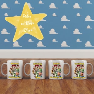 May include: Four white ceramic mugs featuring a colorful graphic of various animated characters. Each mug displays unique text: Mommy Birthday Boy, Birthday Boy, Daddy Birthday Boy, and Grandma Birthday Girl. A yellow star graphic states Print on Both Sides.