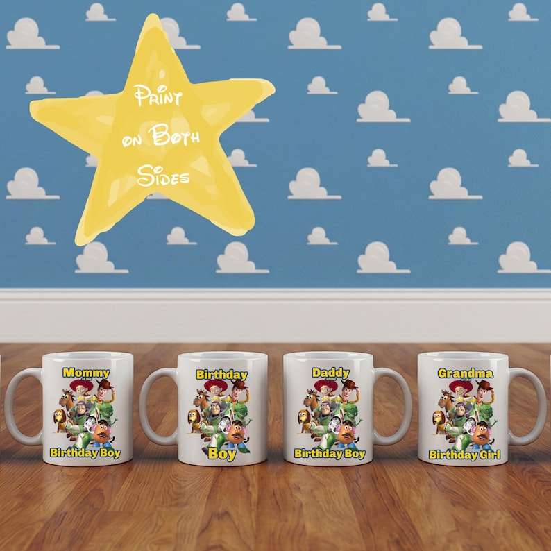 May include: Four white ceramic mugs featuring a colorful graphic of various animated characters. Each mug displays unique text: Mommy Birthday Boy, Birthday Boy, Daddy Birthday Boy, and Grandma Birthday Girl. A yellow star graphic states Print on Both Sides.