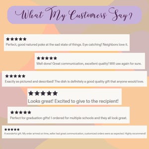 May include: A graphic display titled What My Customers Say? featuring six five-star customer reviews. The text includes feedback such as Perfect, good natured poke at the sad state of things, Well done, and A wonderful gift. The background is abstract.