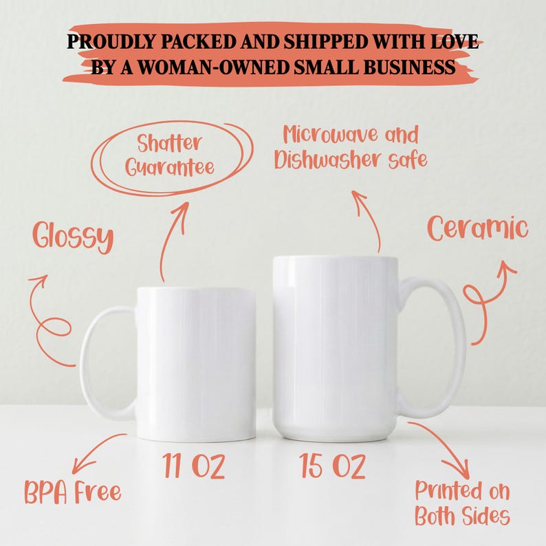 May include: Two white ceramic mugs, one 11 oz and one 15 oz, with glossy finishes. Text labels indicate they are BPA free, microwave and dishwasher safe, shatter resistant, and printed on both sides. The image notes they are packed by a small business.