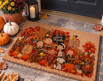 Cute Thanksgiving Doormat, Cartoon Dog Fall Family Dinner Graphic Doormat, Autumn Harvest Feast Doormat, Nostalgic Cartoon Holiday Doormat