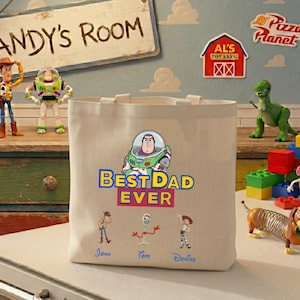 Personalized Toy Story 5 Tote Bag, Dad Custom Kids Names, Father's Day Gift, Toy Story Movie Bag, Toy Mug Gift, Buzz, Woody, Jessie Bag image 1