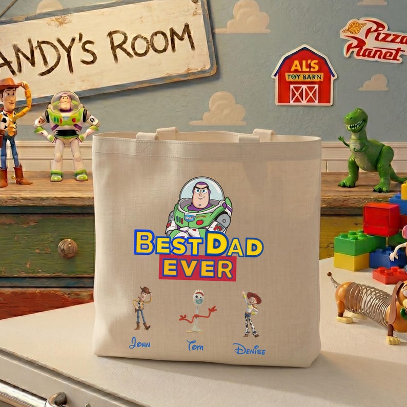 Personalized Toy Story 5 Tote Bag, Dad Custom Kids Names, Father's Day Gift, Toy Story Movie Bag, Toy Mug Gift, Buzz, Woody, Jessie Bag image 1