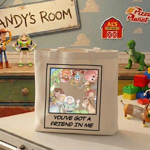 Retro Toy Story Tote Bag, Toy Story 5 Watercolor Pixar Friend In Me Bag, Vintage Woody Buzz Jessie Polaroid Bag, Disney 2026 Family Trip Bag image 1