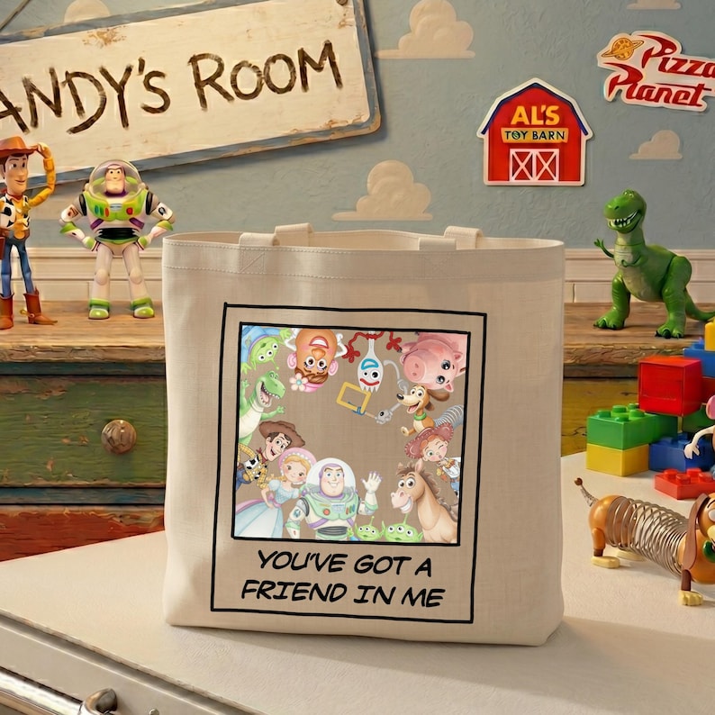 Retro Toy Story Tote Bag, Toy Story 5 Watercolor Pixar Friend In Me Bag, Vintage Woody Buzz Jessie Polaroid Bag, Disney 2026 Family Trip Bag image 1