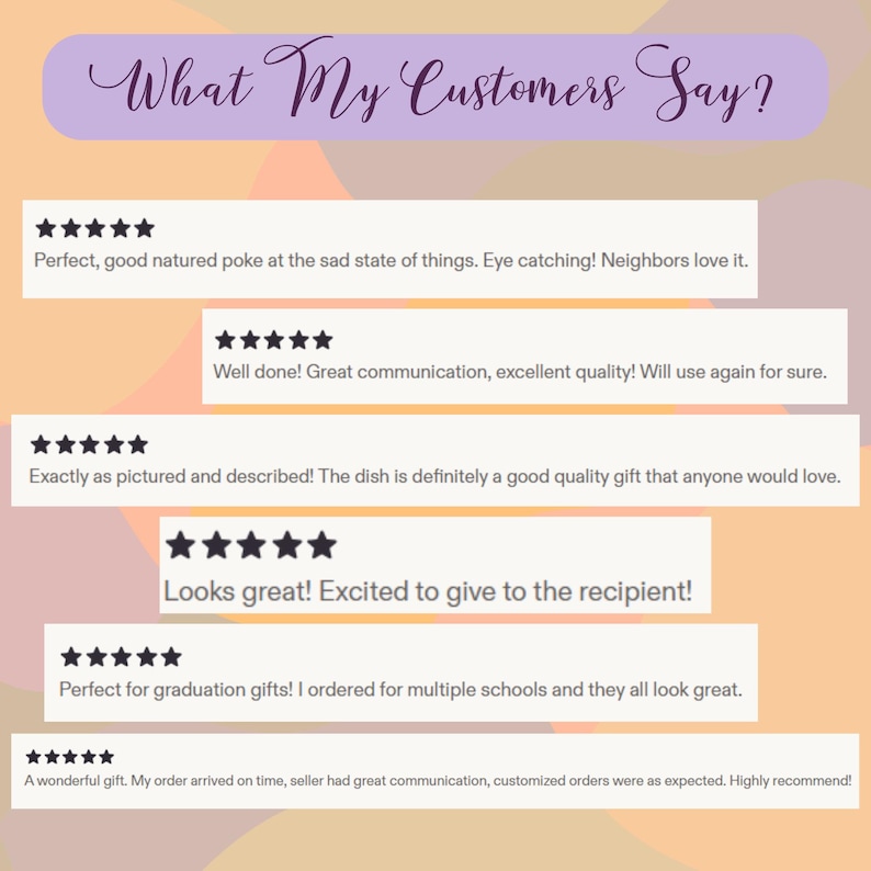 May include: A graphic display titled What My Customers Say? featuring six five-star customer reviews. The text includes feedback such as Perfect, good natured poke at the sad state of things, Well done, and A wonderful gift. The background is abstract.