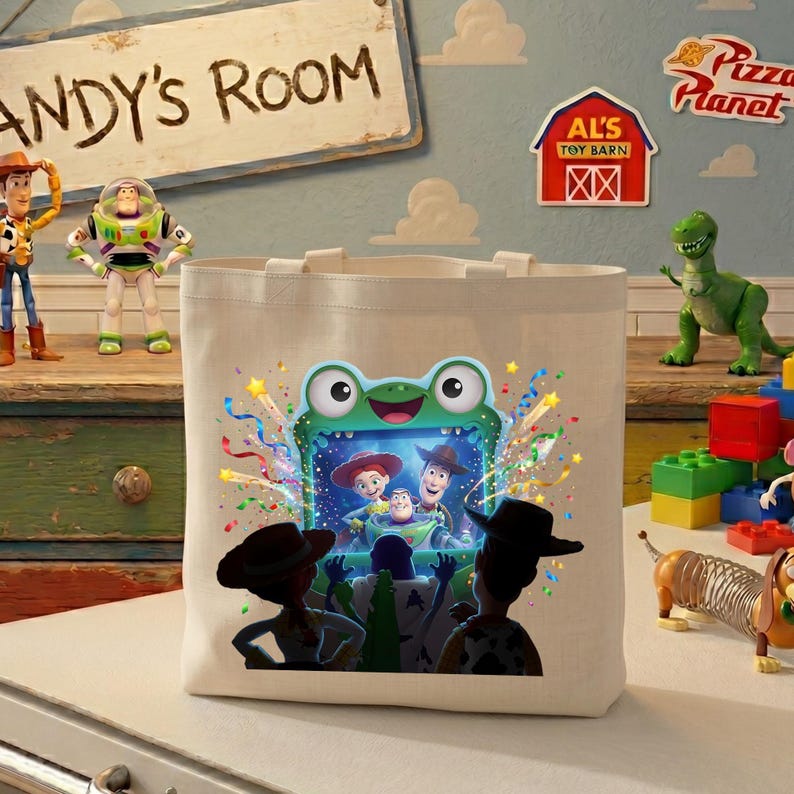 May include: A cream-colored canvas tote bag featuring a colorful graphic print of a green frog-shaped television screen displaying characters from the Toy Story franchise, surrounded by confetti, with silhouettes of two figures in the foreground.