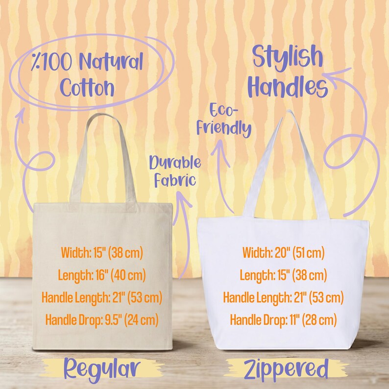 May include: Two cotton tote bags labelled Regular and Zippered. The Regular bag is 38 cm wide, 40 cm long, with 53 cm handles and a 24 cm drop. The Zippered bag is 51 cm wide, 38 cm long, with 53 cm handles and a 28 cm drop.