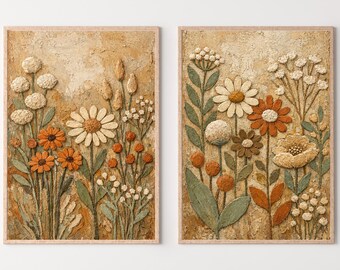 Set di 2 dipinti murali floreali in stile moderno di metà secolo, dipinti floreali MCM con texture