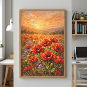 Muurkunst rode klaproos, poster zonsondergang bloemenveld, zomerprint (digitale download)