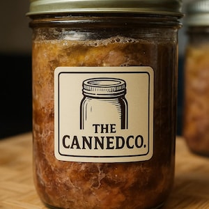 Peut inclure: Un bocal en verre transparent avec un couvercle argenté, rempli d'un produit alimentaire en conserve. Une étiquette blanche avec une illustration de bocal et le texte "THE CANNEDCO." est apposée sur le devant.