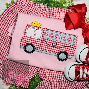 Girl&#39;s Firetruck Shirt, Red Gingham Shorts, Made to Match, Firetruck Applique, Personalized Shirt, Firetruck Bodysuit, Saras Daisy Love