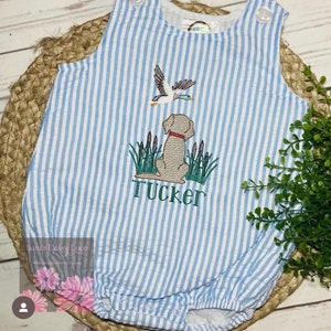 Puppy Watching Duck, Seersucker Bubble, Hunting Dog Embroidery, Mallard Duck, Infant and Toddler, Personalized, Saras Daisy Love