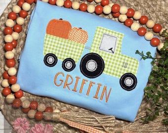 Boys Pumpkin Tractor Applique Shirt, Personalized Fall Bodysuit