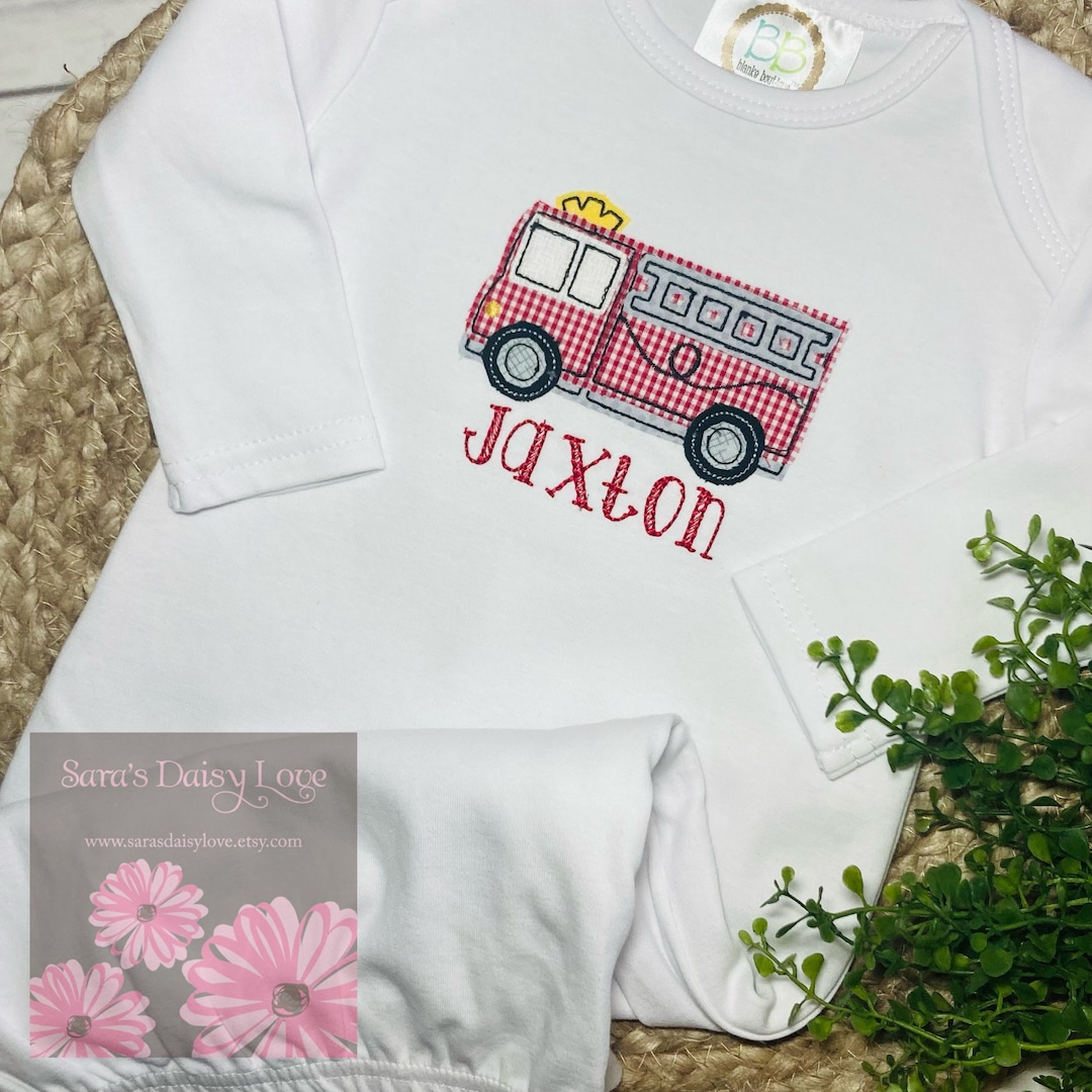 Boy's Firetruck Applique, Personalized Infant Gown, Boy Newborn Gift