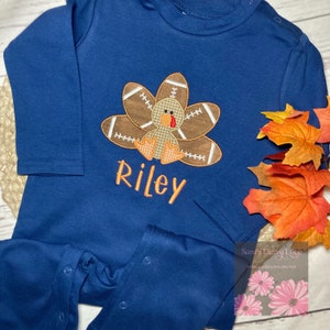 Boy&#39;s Football Turkey Romper, Personalized Turkey Applique, Turkey Day Outfit, Infant and Toddler Rompers, Saras Daisy Love