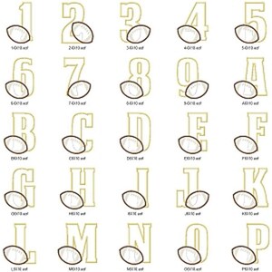 May include: A set of gold-colored embroidery designs featuring the numbers 1 through 10 and the letters A through P. Each design includes a football graphic.