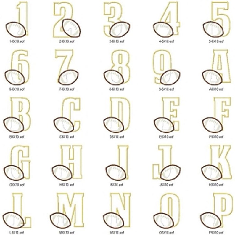 May include: A set of gold-colored embroidery designs featuring the numbers 1 through 10 and the letters A through P. Each design includes a football graphic.