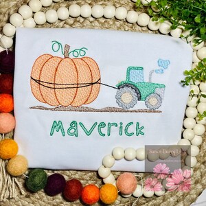 Boy&#39;s Tractor Pulling Pumpkin Sketch Shirt, Boy&#39;s Fall Shirt, Boy&#39;s Pumpkin Patch Shirt, Infant Tractor Bodysuit, Saras Daisy Love