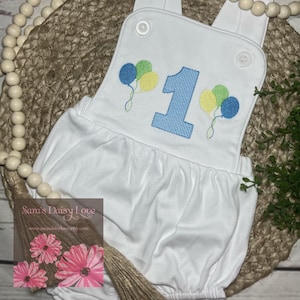 Boy&#39;s Birthday Sunsuit, Birthday Balloons, First Birthday, Vintage Style Sunsuit, Blue Gingham Trim or Solid White, Saras Daisy Love