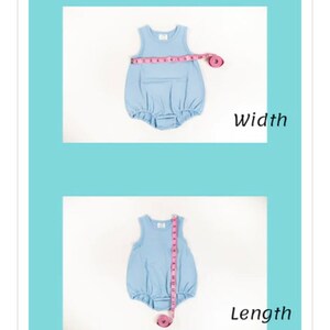 May include: A light blue sleeveless baby onesie with a ruffled bottom. The onesie is being measured for width and length using a pink measuring tape.