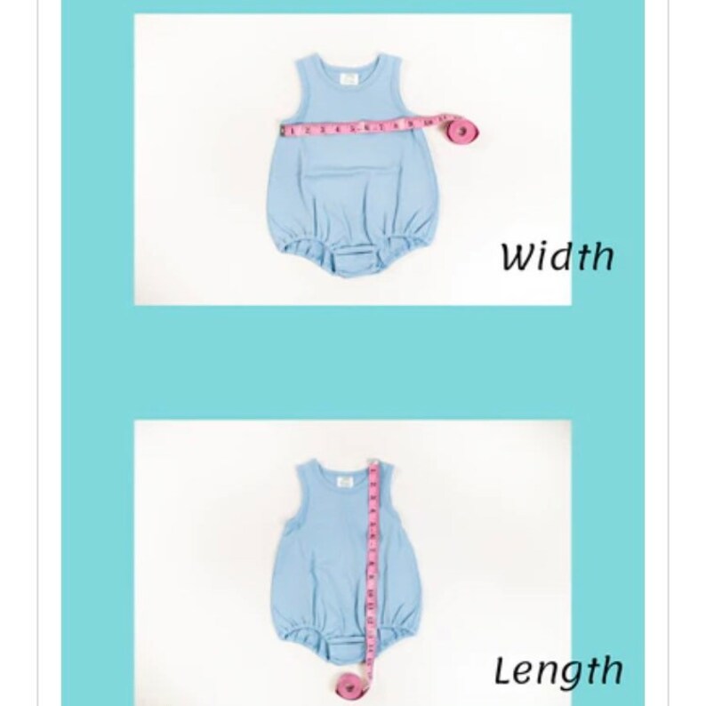 May include: A light blue sleeveless baby onesie with a ruffled bottom. The onesie is being measured for width and length using a pink measuring tape.