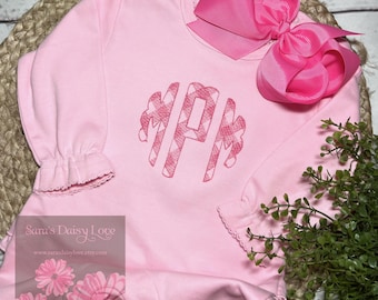 Infant Gingham Monogrammed Romper, Ruffled Butt, Flared Leg
