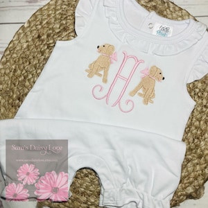 Girl&#39;s Embroidered Puppy Romper, Personalized Puppy Romper, Puppy With Bows, Labrador Pup, Angel Sleeve Romper, Saras Daisy Love