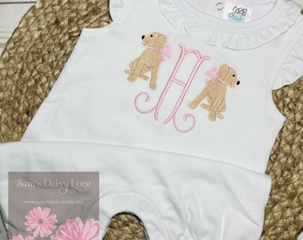 Girls' Embroidered Puppy Romper, Personalized Labrador Pup, Angel Sleeve