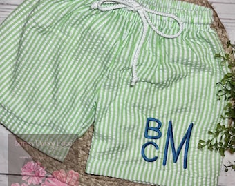 Boys Personalized Seersucker Swim Trunks, Monogrammed Swimsuit