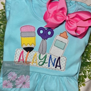 Back to School Applique Dress, School Supplies Trio, First Day of School Dress, Rainbow Name, Saras Daisy Love