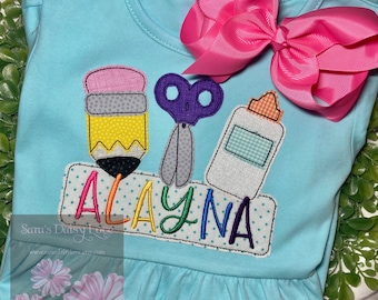 Back to School Applique Dress, School Supplies Trio, Personalized Name