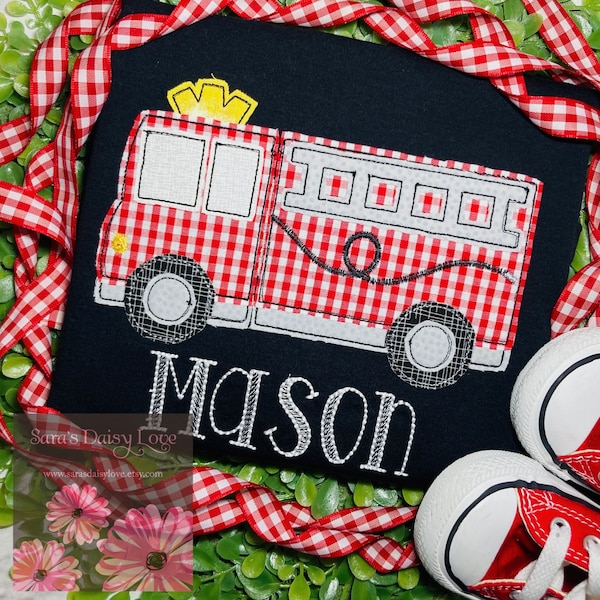 Claire & Charlie Boys Shirt - Royal Blue Stripes - Applique Firetruck