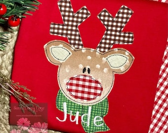 Boy's Christmas Reindeer Applique Shirt, Personalized Gingham Outfit