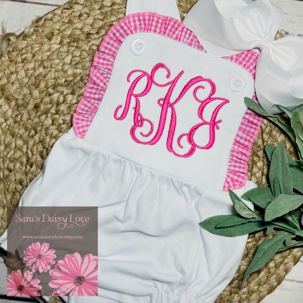 Monogrammed Sunsuit, Personalized, Vintage Style Sunsuit, Ruffled, Infant and Toddler, Sara's Daisy Love