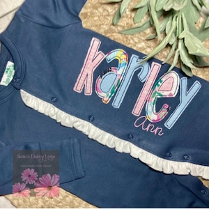 Personalized Ruffled Footie Sleeper, Sleeper With Name, Embroidery or Applique, Newborn Baby Gift, Sara’s Daisy Love