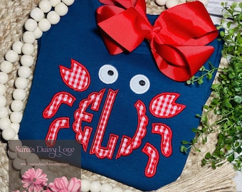 Girls Monogrammed Crab Applique Shirt, Summer Beach Outfit