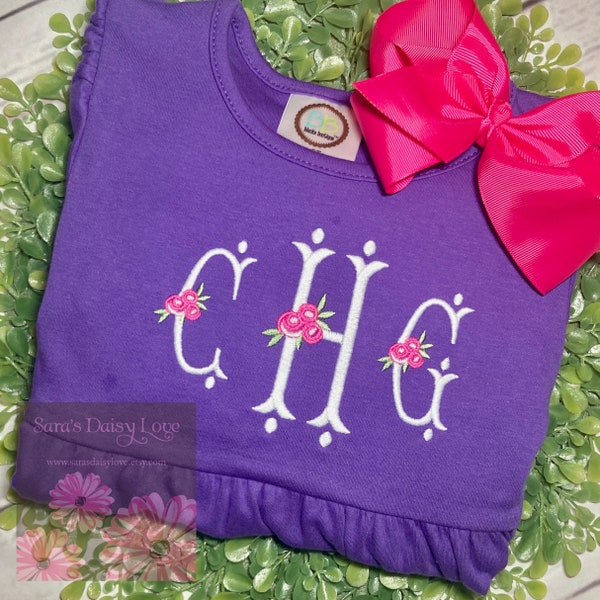 Girl's Purple Monogrammed Dress, Personalized Empire Waist Ruffle Dress, Custom Ruffle Dress, Sara's Daisy Love