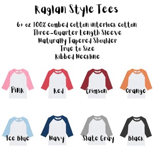 May include: Raglan style tees in a range of colours, including pink, red, crimson, orange, ice blue, navy, slate grey, and black. The tees feature a three-quarter length sleeve, naturally tapered shoulder, and ribbed neckline.  6+ oz 100% combed cotton interlock cotton.