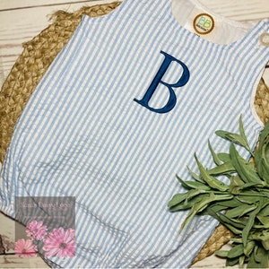 Blue Seersucker Baby Sun Bubble, Applique Monogram
