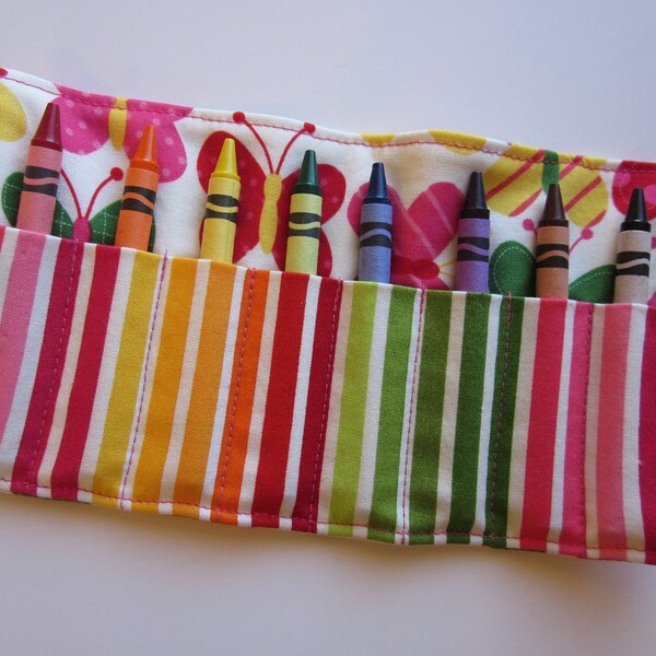 Crayon Roll, Urban Zoologie Bright Butterflies and Stripes, Holds 8 Crayons, Ready to Ship
