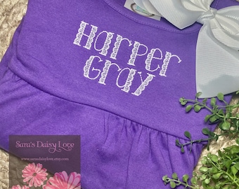 Girls Personalized Purple Ruffle Dress, Sketch Name