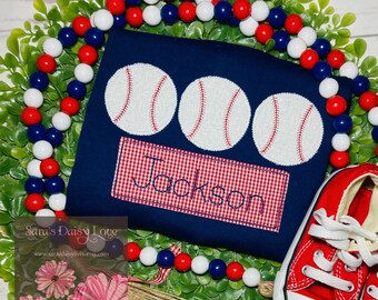 Boy's Personalized Baseball Applique Shirt, Red Gingham, Summer Tee
