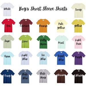 May include: A chart showing 20 short-sleeved shirts in a variety of colours, including white, red, crimson, orange, pale yellow, yellow, sage, lime, kelly green, mint, light pink, aqua, light blue, ice blue, royal blue, purple, navy, slate blue, slate grey, brown, and black. The text "Boy's Short Sleeve Shirts" is at the top of the chart.